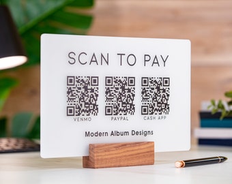 3 QR Codes Scan to Pay w/ Wood Stand - 11.5x7" Scannable Acrylic Desk Signs, Instagram Venmo Website Business Restaurant Bar Reviews Tips