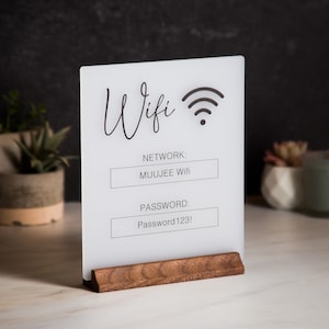 Wifi Acrylic Sign w/ Wood Base 6.5 x 7.75 Ice or Black Table Sign for Home Airbnb Rental Small Business Salon Restaurant Bar Hotel Bild 4