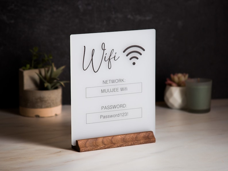Wifi Acrylic Sign w/ Wood Base 6.5 x 7.75 Ice or Black Table Sign for Home Airbnb Rental Small Business Salon Restaurant Bar Hotel Bild 4