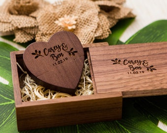 Heart USB & Wood Box Set (+ Wood Wool) - Custom Walnut Wood USB Flash Drive, Wedding Photography Video Packaging, Mom Dad Gift