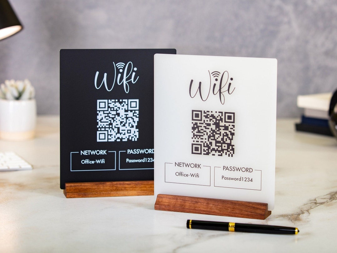 QR Code Wifi Acrylic Sign W/ Wood Base - 6.5 X 7.75" Table Sign for ...