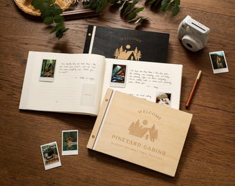 Wooden Luxe Photo Guest Book (D7) - 11.5x8.5 DIY Custom Home Vacation Rental Instax Polaroid Cabin Adventure Travel Memory Scrapbook Album