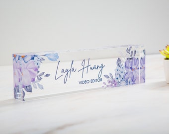 Acrylic Block (Floral) - Script Desk Name Sign, New Job Office Decor, Graduation or Promotion Gift, Coworker Manager Boss Gift