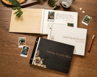 Wooden Luxe Photo Guest Book (D6) - 11.5x8.5 DIY Custom Airbnb Tropical Home Vacation Rental Instax Polaroid Picture Travel Memory Scrapbook