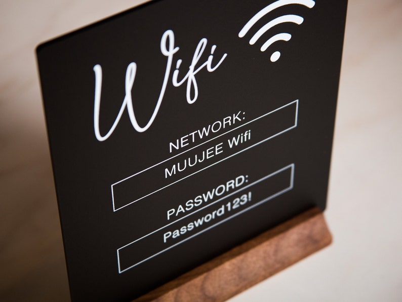 Wifi Acrylic Sign w/ Wood Base 6.5 x 7.75 Ice or Black Table Sign for Home Airbnb Rental Small Business Salon Restaurant Bar Hotel Bild 2