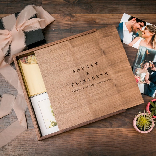Wedding Memory Box - Custom Engraved Wood Storage Box for Photos Cards Keepsakes, Anniversary Birthday Wedding Gift for Couples