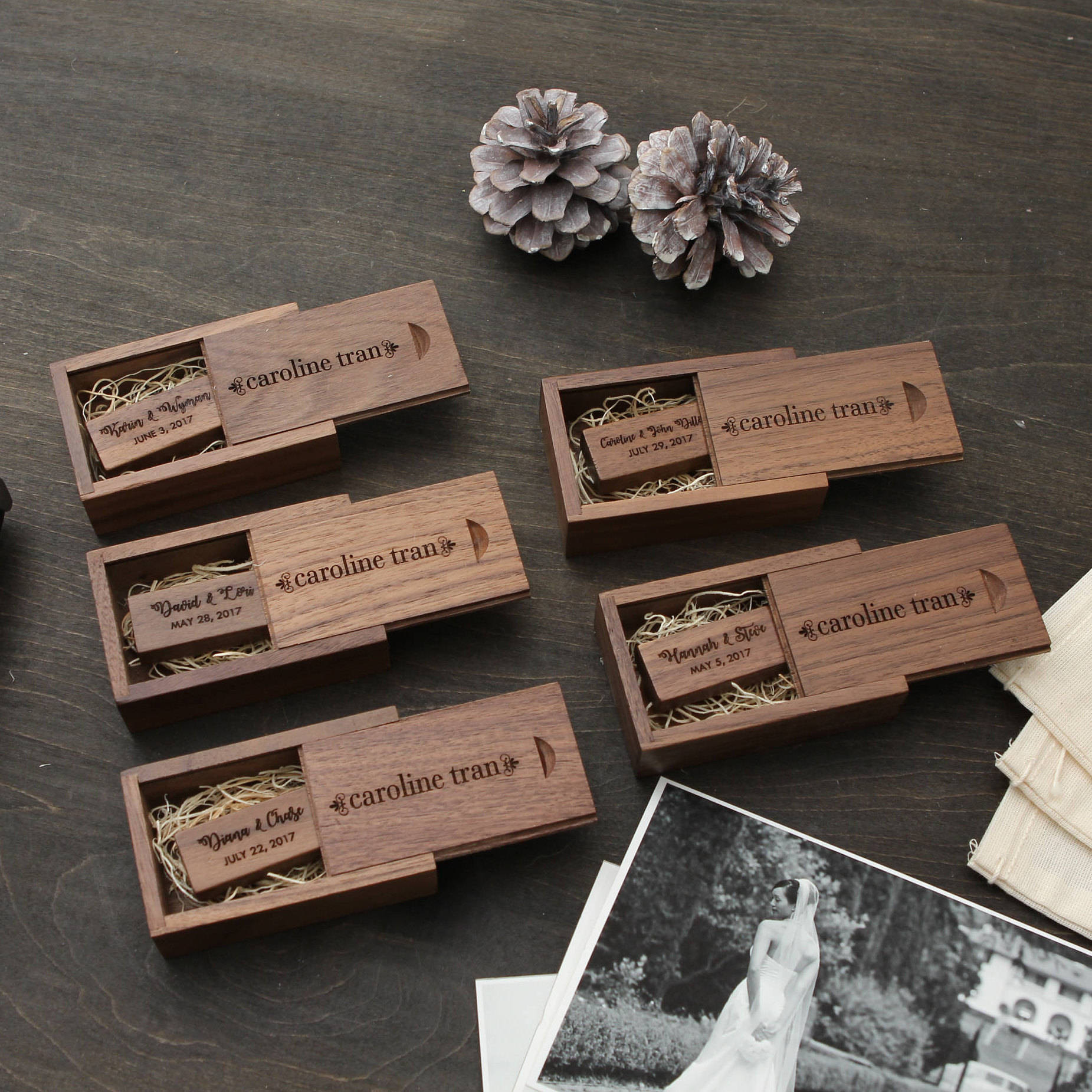 5 PACK- Thin Walnut USB Flash Drive \u0026 Wood USB Box Set - Custom Engraving  Optional, Digital Tech, Personalized Employee Client Staff Gift - Etsy, image size:1851x1851