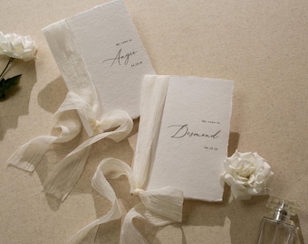 Personalized Deckled Edge Vow Book Set (D4) - Minimalist Modern Custom Vow Booklet w/ Ribbon