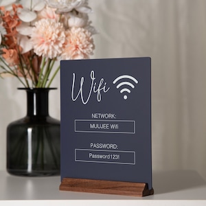 Wifi Acrylic Sign w/ Wood Base - 6.5 x 7.75&quot; Ice or Black Table Sign for Home Airbnb Rental Small Business Salon Restaurant Bar Hotel