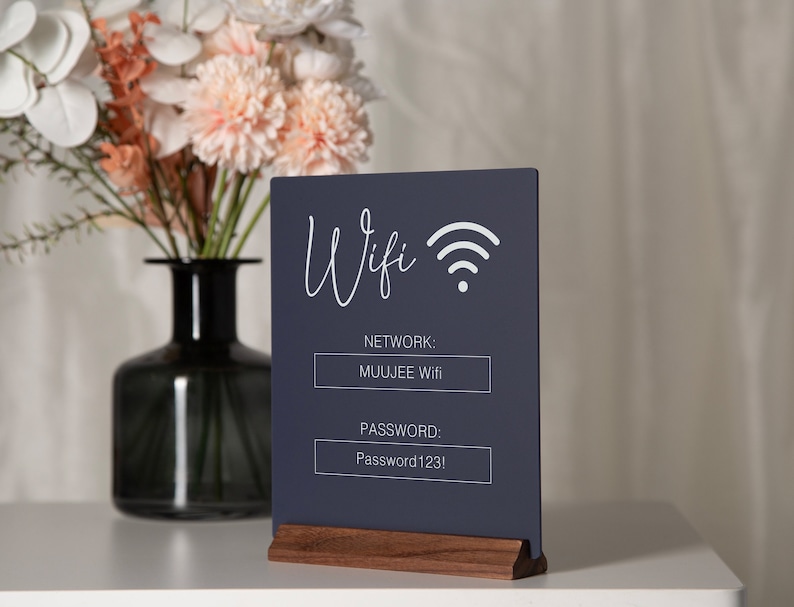 Wifi Acrylic Sign w/ Wood Base 6.5 x 7.75 Ice or Black Table Sign for Home Airbnb Rental Small Business Salon Restaurant Bar Hotel Bild 6