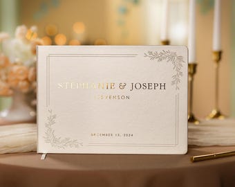 Floral Frame Foil Wedding Guest Book (D1) - Hardcover Guestbook Personalized in Gold / Silver Classic Book For Guest Notes Photos & Messages