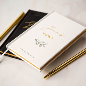2 Vow Books & 2 Gold Pens (SET) Gold Text - Modern Hard Cover Wedding Ceremony Renewal Elopement Vow Booklets, Engagement Gift