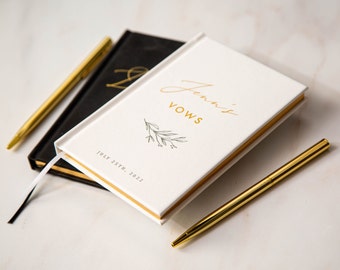 2 Vow Books & 2 Gold Pens (SET) Gold Text - Modern Hard Cover Wedding Ceremony Renewal Elopement Vow Booklets, Engagement Gift