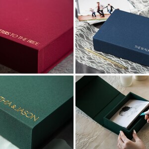 May include: Four different boxes with personalized text on the top. The boxes are in red, blue, green, and green. The text on the boxes reads "Letters to the Bride", "The Walkers", "Cynthia & Jason", and "Cynthia & Jason".
