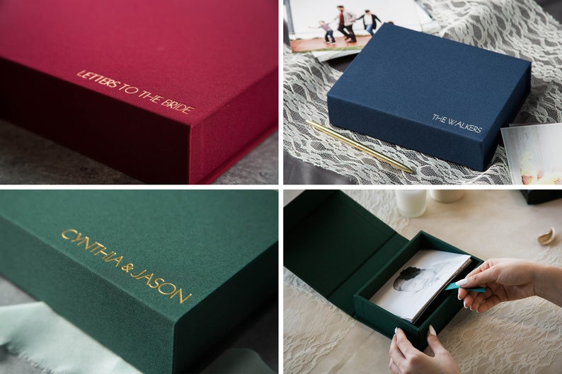 May include: Four different boxes with personalized text on the top. The boxes are in red, blue, green, and green. The text on the boxes reads "Letters to the Bride", "The Walkers", "Cynthia & Jason", and "Cynthia & Jason".