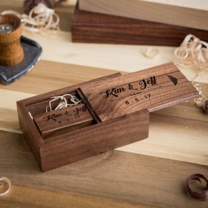 Thin Walnut USB & Wood Box Set Wood Wool Custom Engraved USB Set Video or Photography Wedding usb Flash Drive Gift for Her image 2