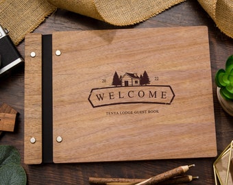 Welcome Premium Wood Guestbook - Engraved Vacation Rental or Cabin Guest Book, Hotel or Lodge Signing Book, Visitors Journal