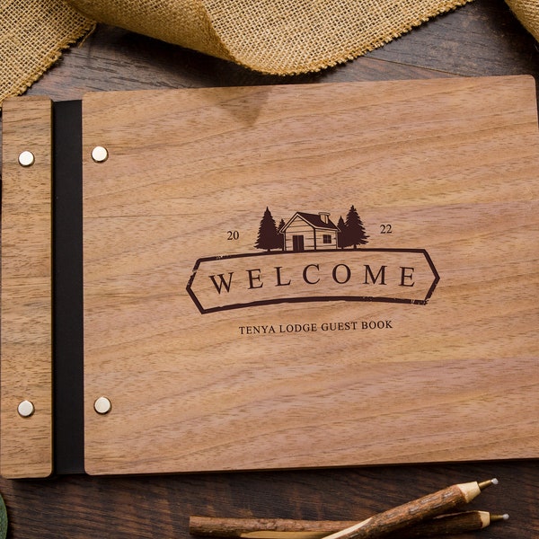 Welcome Premium Wood Guestbook - Engraved Vacation Rental or Cabin Guest Book, Hotel or Lodge Signing Book, Visitors Journal