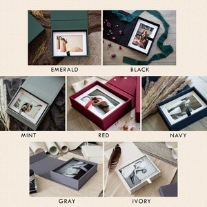 May include: Six different colors of photo boxes with a photo inside each box. The colors are emerald, black, mint, red, navy, gray, and ivory.
