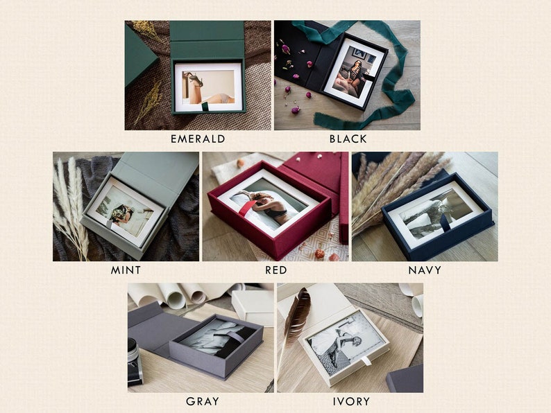 May include: Six different colors of photo boxes with a photo inside each box. The colors are emerald, black, mint, red, navy, gray, and ivory.