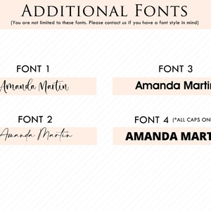 May include: Four different font styles of the name "Amanda Martin" displayed on a pink background. The first font is a cursive script, the second is a more formal cursive script, the third is a sans-serif font, and the fourth is a bold sans-serif font in all caps.
