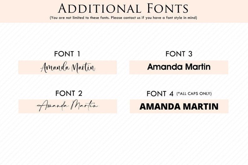 May include: Four different font styles of the name "Amanda Martin" displayed on a pink background. The first font is a cursive script, the second is a more formal cursive script, the third is a sans-serif font, and the fourth is a bold sans-serif font in all caps.