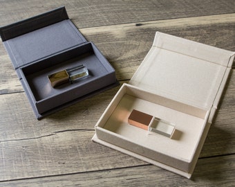 Linen USB Box in Grey or Ivory - Engraved Crystal USB Flash Drive in Rose Gold or Gold Optional