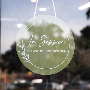 Round Hanging Acrylic Sign (In Session) w/ White Rope - Custom signage for office home rental door, small business logo sign, trade show