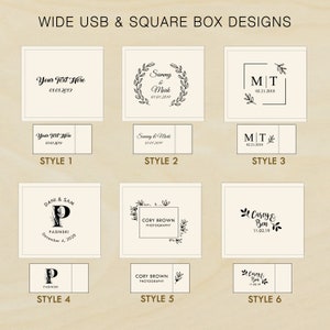 May include: Six different styles of square and wide USB box designs. The boxes are white with black text and graphics. The text includes names, dates, and phrases like "Your Text Here", "Sammy & Mark", "MT", "Dani & Sam", "Cory Brown Photography", and "Carey & Ben".
