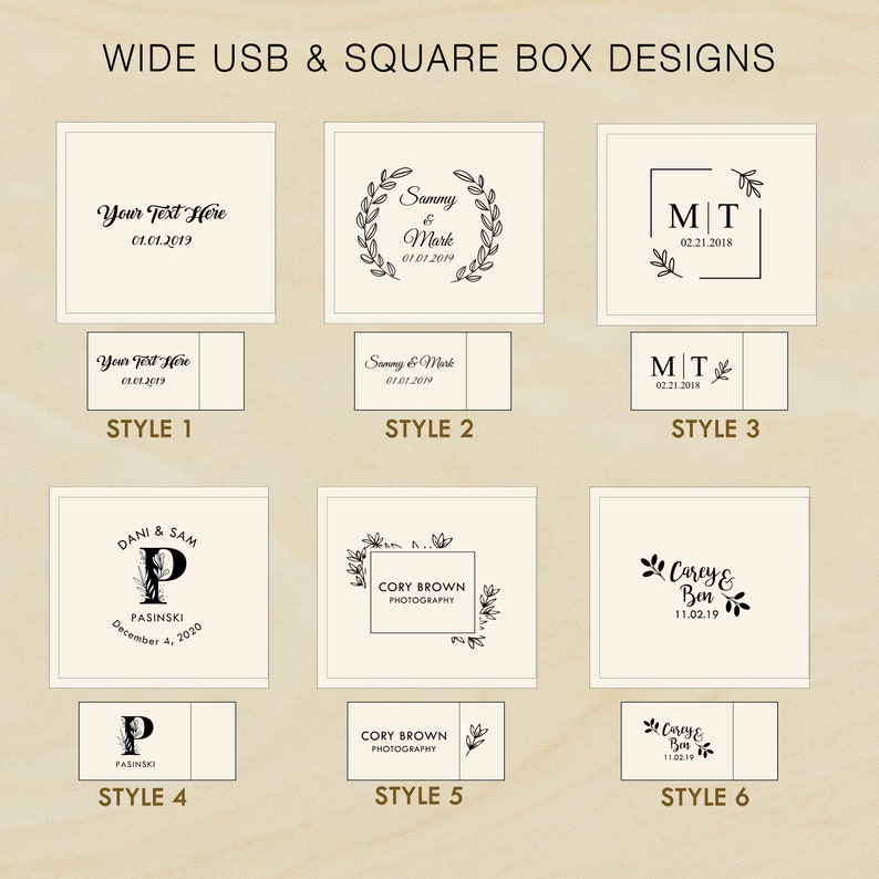 May include: Six different styles of square and wide USB box designs. The boxes are white with black text and graphics. The text includes names, dates, and phrases like "Your Text Here", "Sammy & Mark", "MT", "Dani & Sam", "Cory Brown Photography", and "Carey & Ben".