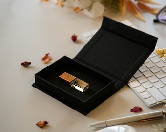 Linen USB Box & Metal Crystal USB (Ready to ship) - Modern Glass USB Flash Drive, Wedding Video Photography Digital Storage Thumb Drive Gift