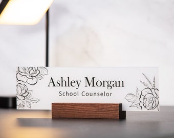 Acrylic Name Plate w/ Wood Stand - 10x2.75" Rose Floral Flowers Desk Name Sign Executive Desk CEO Sign, Custom Nurses Teacher school Gift
