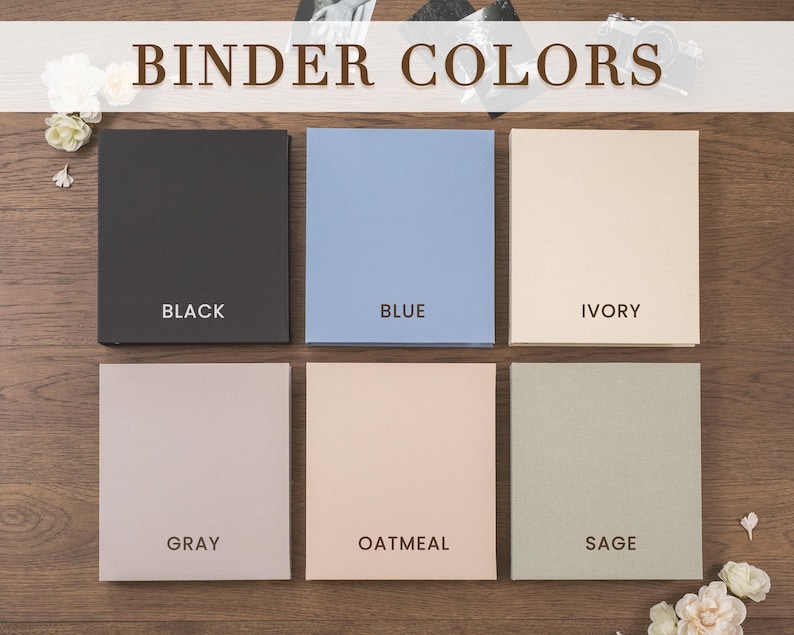 May include: An overhead shot displays six square binders in various colors: black, blue, ivory, gray, oatmeal, and sage. Each binder is labeled with its color name in a clean, sans-serif font. The phrase "BINDER COLORS" is at the top.