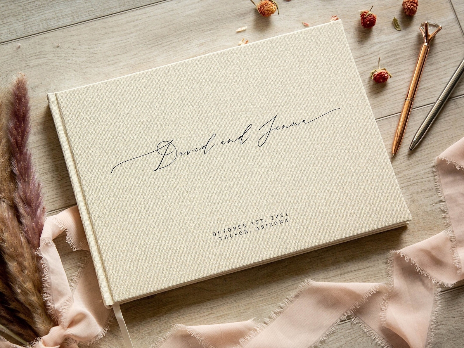 Personalized Guest Book - 11.5 x 8.5 Custom Wedding Guestbook Signing Book for Reception Engagement Blank Page Couple Party Photo Scrapbook - Cream w/ Black, 360 Gold Corners