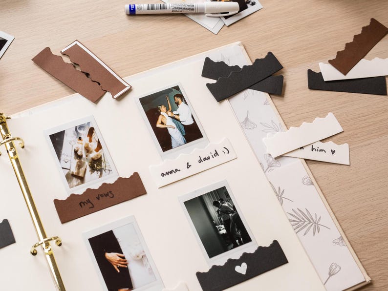 10 pegatinas de bolsillo para fotos (para Instax Polaroid Mini, fotomatón instantáneo, libro de visitas o álbum de recortes DIY), tiras de fotos marrones, blancas o negras imagen 1