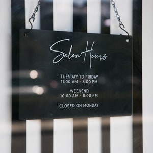 Store Hours Acrylic Sign & Black Hanging Chain - 11.5x7&quot; Custom Signs for Office Door Clinic Small Business Hours