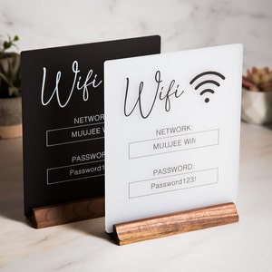 Wifi Acrylic Sign w/ Wood Base - 6.5 x 7.75" Ice or Black Table Sign for Home Airbnb Rental Small Business Salon Restaurant Bar Hotel