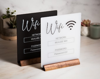 Wifi Acrylic Sign w/ Wood Base - 6.5 x 7.75" Ice or Black Table Sign for Home Airbnb Rental Small Business Salon Restaurant Bar Hotel