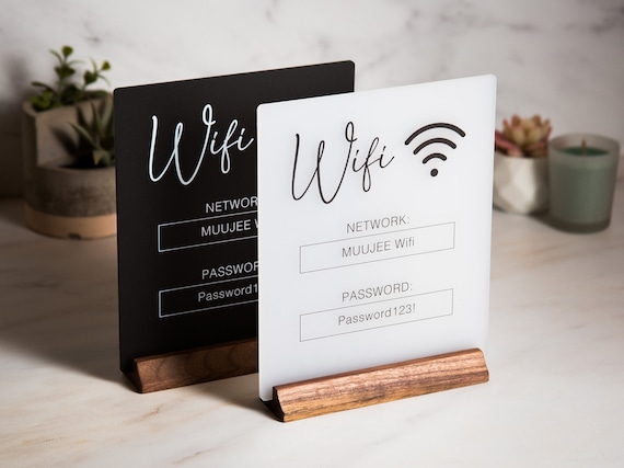 Wifi Acrylic Sign w/ Wood Base - 6.5 x 7.75" Ice or Black Table Sign for Home Airbnb Rental Small Business Salon Restaurant Bar Hotel