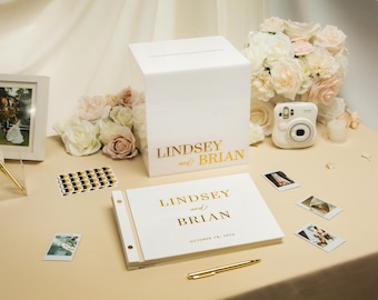 White Acrylic Luxe Photo Guest Book & Card Box (SET) - Custom Wedding Sign In Welcome Table Reception Party Money Cards Gift Storage Decor