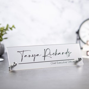 Standing Acrylic Name Plate - 10x2.75&quot; Clear Script Executive Desk CEO Sign, New Job Office Small Business Decor, Teacher or Promotion Gift