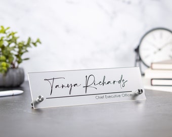 Standing Acrylic Name Plate - 10x2.75" Clear Script Executive Desk CEO Sign, New Job Office Small Business Decor, Graduation Promotion Gift