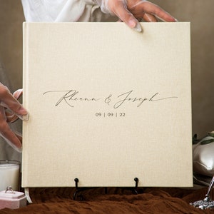 Real Linen Cream Guest Book - 3 Sizes Premium Wedding Reception Guestbook Blank Pages, Engagement Party Signing Polaroid Book (Design 1)