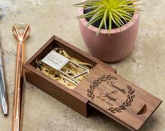 Engraved Geometric USB & Wood Box Set (+ Wood Wool) - Custom Engraved USB and Box Holder Set, Photography Presentation, Mother's Day Gift
