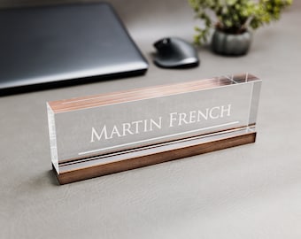 Engraved Desk Block with Wooden Base -  Minimal Executive Desk CEO Sign, New Job Office Decor, Graduation or Promotion Gift, Employee Name