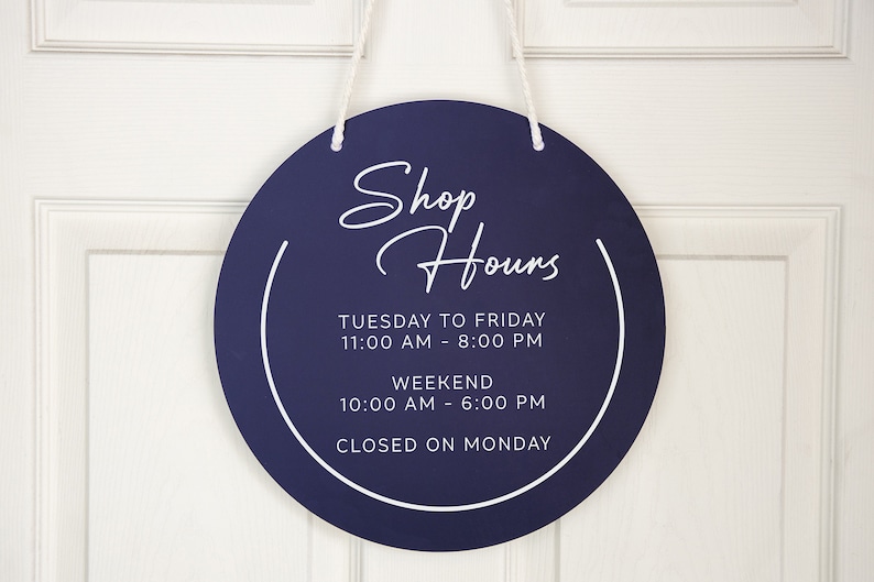 Round Hanging Acrylic Sign (store Hours) W/ White Rope - Custom Signage ...