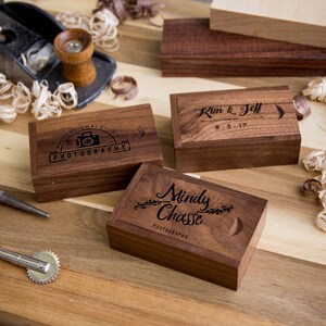 Thin Walnut USB & Wood Box Set Wood Wool Custom Engraved USB Set Video or Photography Wedding usb Flash Drive Gift for Her image 3