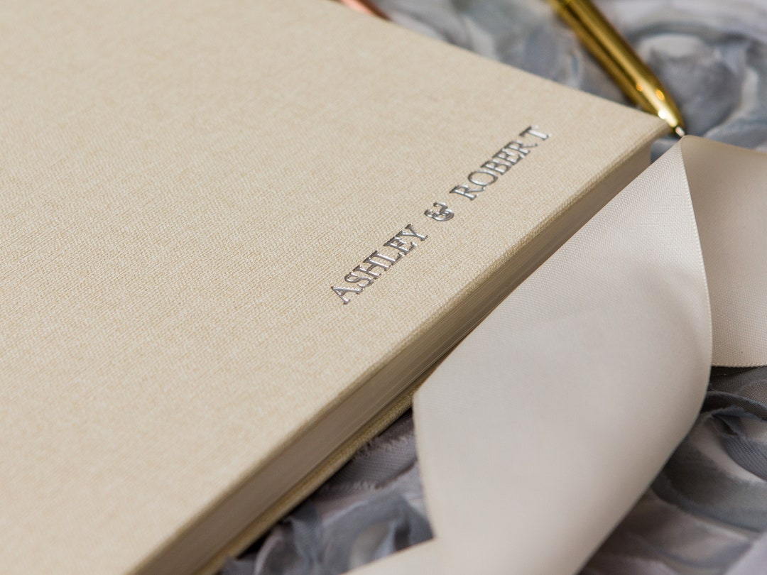 Embossed Canvas Linen Guest Book in Ivory Shiny Foil Sign in Wedding