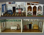 Antique Rare German XXL Double Sided Room Box 4 Rooms Livingroom Bedroom Kitchen Porch Wooden Dollhouse Miniature Original Collector Toy