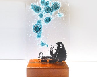 bubble blowing monkey, fused glass, monkey art